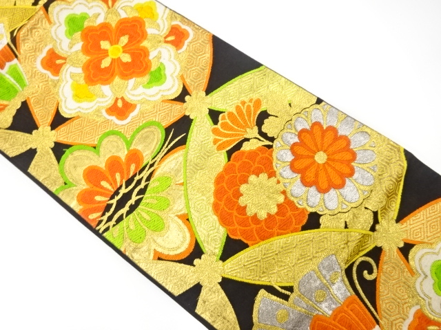 JAPANESE KIMONO / ANTIQUE FUKURO OBI / SILK / WOVEN FLOWER SHIPPO PATTERN